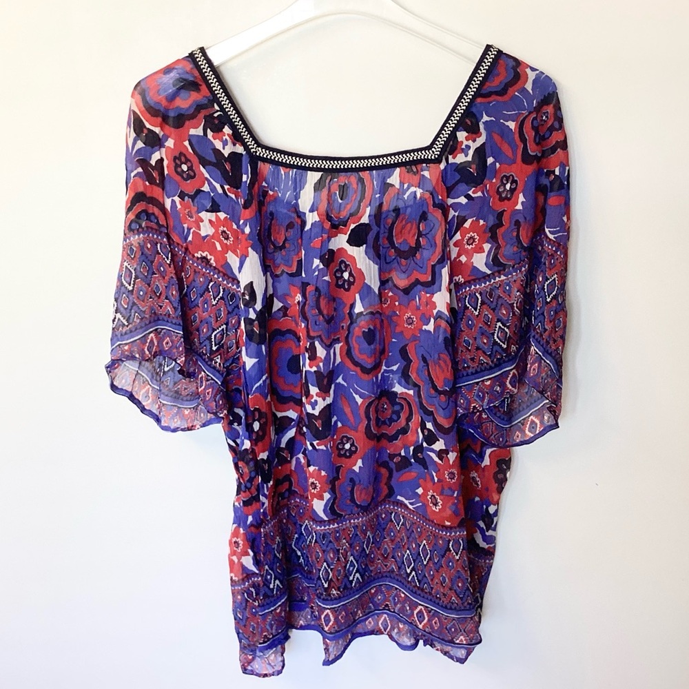 Lucky Brand Short Sleeve Sheer Mixed Print Floral Square Neck Top - 3X
